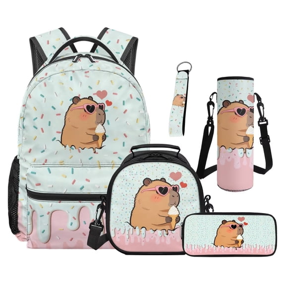Uorisanigo Kids Teens Backpack Set 5 Piece Girls School Backpack with Lunch Box Pencil Case Water Bottle Sleeve Keychain Adjustable Strap School Bag Large for Travel Vacation Capybara Ice Cream