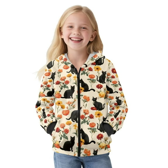 Uorisanigo Kids Zip Up Hooded Hoodies Casual Long Sleeve Full-Zip Sweatshirt Jacket Velvet Lined Zipper Hoodies Jacket Floral Black Cat Outerwear Shirts Coat Athletic Sweatshirts