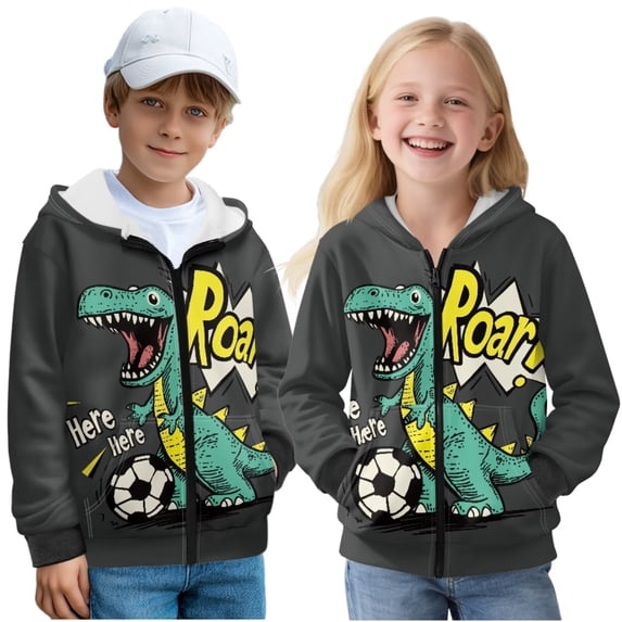Uorisanigo Kids Zip Up Hooded Hoodies Roar Dinosaur Casual Long Sleeve Full-Zip Sweatshirt Jacket Velvet Lined Zipper Hoodies Jacket Outerwear Shirts Coat Athletic Sweatshirts