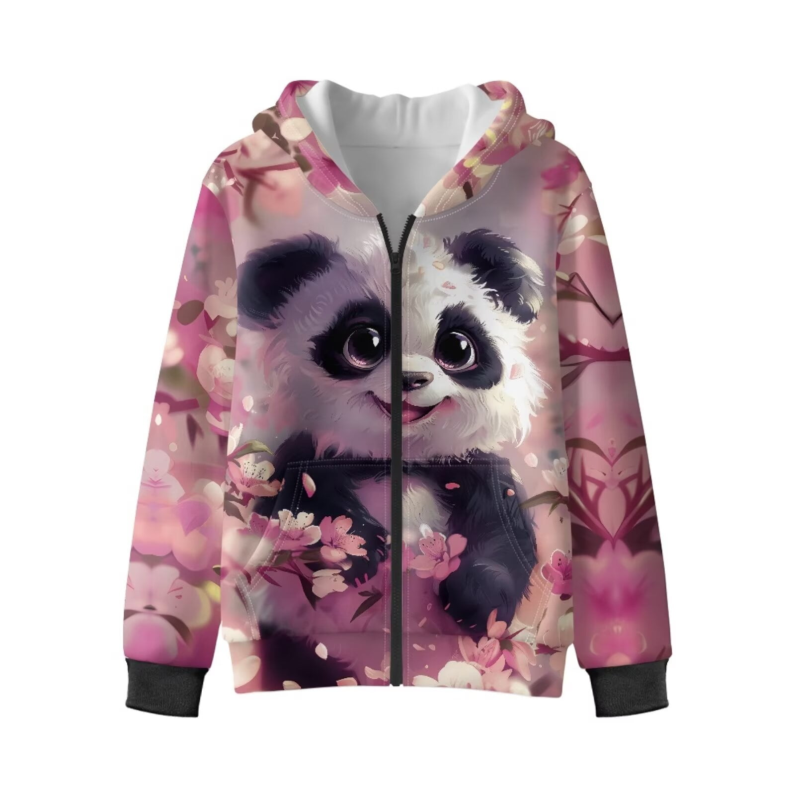 Uorisanigo Kids Zip-Up Hooded Sweatshirt Hoodie Fall Fashion Long Sleeve Full-Zip Cherry Blossom Panda Sweatshirt with Pockets Spring Fall Winter Trendy Clothes