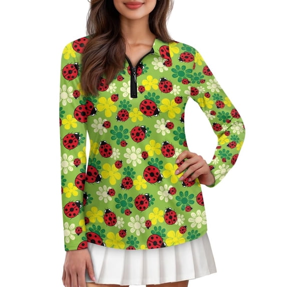 Uorisanigo Ladybug Flower Womens Long Sleeve Golf Shirt Versatile Stylish Athletic Polo Workout Tops Relaxed 1/4 Zipper Tennis Tops for Tennis Hiking & Outdoor Sports