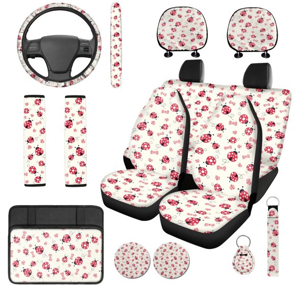 Uorisanigo Ladybug Print 14 Pack Automotive Seat Cover Car Steering Wheel Accessories Headrest Cover Center Console Cover and Seat Belt Pads Keychain Soft Easy to Install Suitable for Car SUV