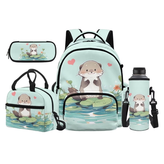 Uorisanigo Lake Otter Print Backpack Set for Boys 5-15, 17 Inch Schoolbag with Lunch Box, Water Bottle Bag and Pencil Holder, Casual School Bag with Adjustable Straps & Front Pocket