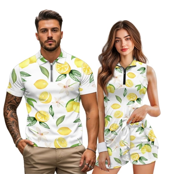 Uorisanigo Lemon Couples' Outfits His and Hers Clothing Men's 1/4 Zip QuickDry Short Sleeve Shirt, Women's Sleeveless Zip Front Golf Dress with Built-In Pockets Shorts for Sports Workout