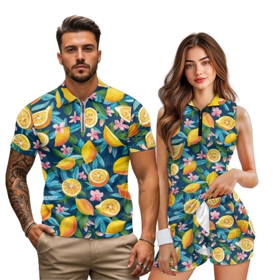 Uorisanigo Lemon Floral Couple Matching Outfit Golf Shirts for Men Size XL Quick Dry Short Sleeve Shirts Workout Tennis Tops and Womens Golf Dress with Shorts and Pockets