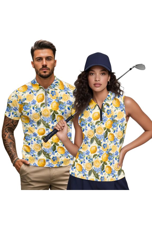 Lemon Matching Couple Outfits Men Zipper Shirt Quick-Dry Short Sleeve Golf Shirt and Womens Golf Shirts Sleeveless Lightweight Sports Tank Tops Size 2XL