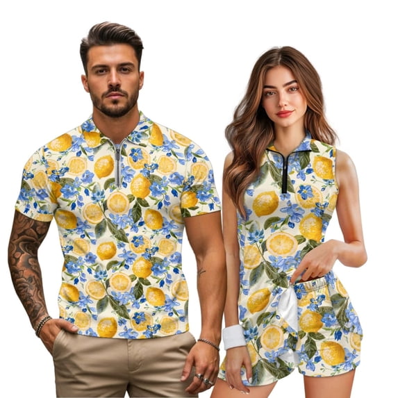 Uorisanigo Lemon Matching Couple Outfits Men Zipper Shirt Short Sleeve Dry Fit Performance Casual Print Collared Tops and Golf Clothes for Women with Built in Shorts and Pockets