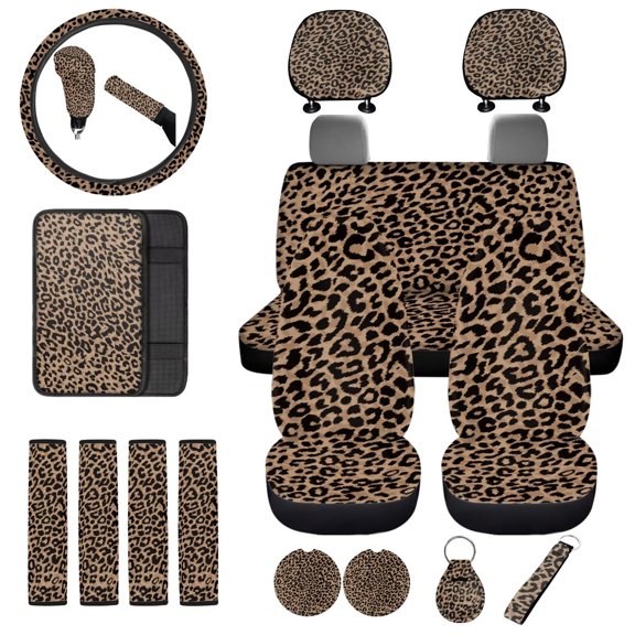 Uorisanigo Leopard Print Car Seat Covers Full Set with Steering Wheel Cover/Safety Seat Belt Pads/Armrest Covers/Headrest/Shift Knob & Handbrake Cover/Car Coasters/Keychains, 18 Pack Interior Decor