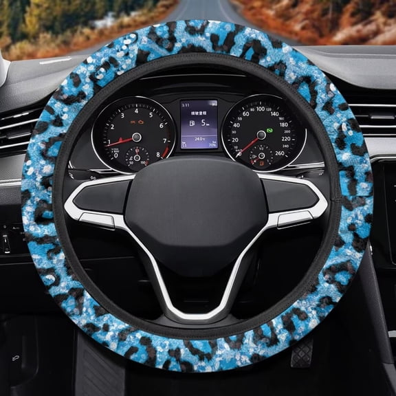 Uorisanigo Leopard Print Car Steering Wheel Cover Blue Steering Wheel Covers for Women Easy to Install Car Steering Wheel Protector for SUV Vehicle Sedan Flannel Car Decor Gift for Holiday