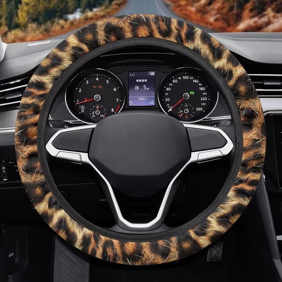 Uorisanigo Leopard Print Car Steering Wheel Cover Brown Fuzzy Steering Wheel Cover 15 Inches Easy to Install Car Steering Wheel Protector for Winter Non Slip Car Wheel Covers Gift for Friends