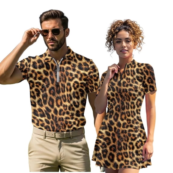 Uorisanigo Leopard Print Couple Matching Outfit His and Hers Clothing Golf Shirts for Men Short Sleeve Dry Fit Collared Shirts and Womens Golf Clothes Build in Shorts with Pockets