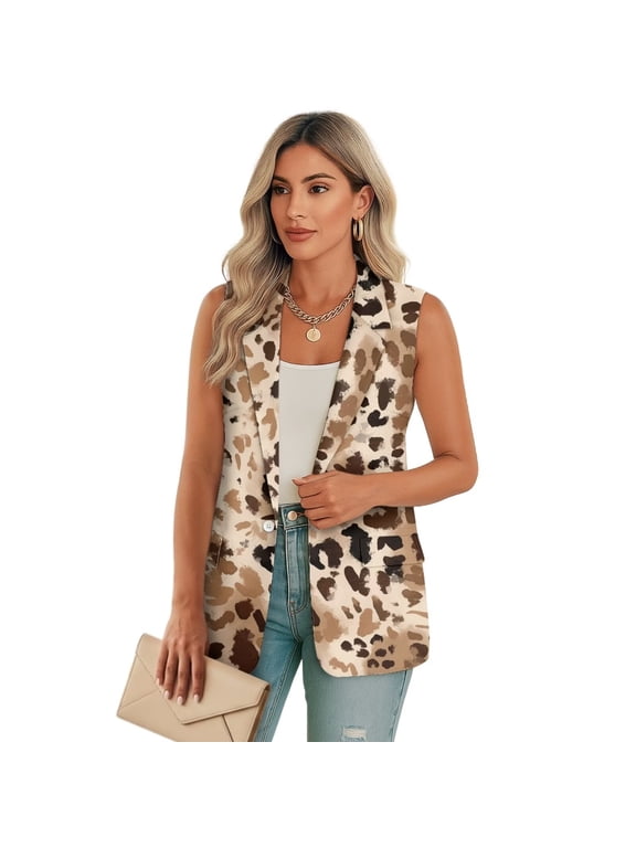 Leopard Print Women's Suit Vest Size 5XL with Pockets Open Front Long Vest for Women V Neck Button Down Vests Top Casual Outerwear