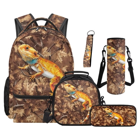 Uorisanigo Lizard Camo Hunting School Bag Set Backpack for Kids Teens Boys Set 5 in 1 Back to School Supplies Bookbag Insulated Lunch Tote Bag Pencil Case Water Bottle Sleeve Keychain for Birthday