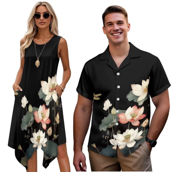 Uorisanigo Lotus Couple Matching Outfit Short Sleeve Shirt for Men Casual Beach Hawaiian Shirts and Women's Tank Dress with Pocket Chic Irregular Hem Beach Sundress