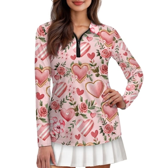 Uorisanigo Love Heart Rose Women's Golf Top Fashionable Relaxed Long Sleeve Golf Polo Shirts for Women Soft Comfortable Quick Dry Workout Tops with Zipper