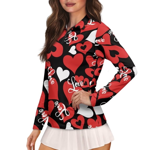 Uorisanigo Love Heart Women's Golf Top Fashionable Relaxed Long Sleeve Golf Polo Shirts for Women Soft Comfortable Quick Dry Workout Tops with Zipper Size XS