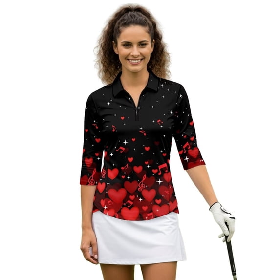 Uorisanigo Love Heart Womens 3/4 Sleeve Golf Shirts Size L Soft Fashionable Quick Dry Athletic Polo Shirts Versatile Zipper Neck Tennis Tops Casual Outing Wear for Workout Sports