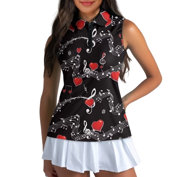 Uorisanigo Love Notes Women's Golf Top Casual Comfortable Quick Dry Zip Up Workout Tennis Tops Relaxed Sleeveless Outing Wear for Workout Sports