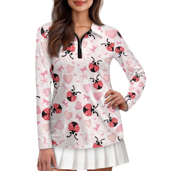 Uorisanigo Loving Ladybug Women's Golf Shirt Size M Casual 1/4 Zipper Women's Long Sleeve Athletic Shirts Comfortable Tennis Tops for Tennis Hiking & Outdoor Sports