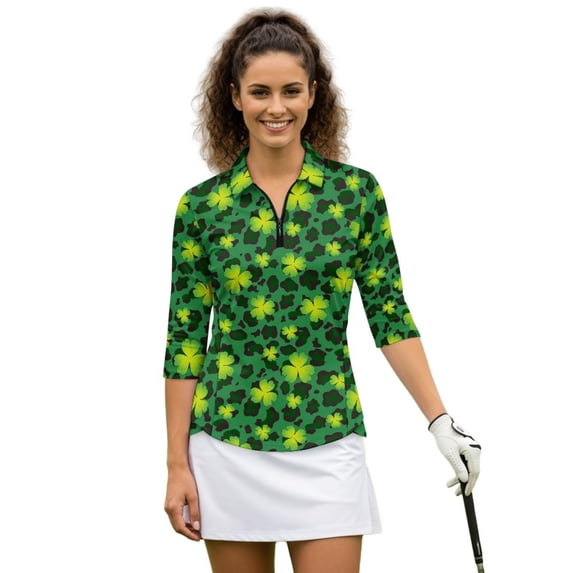 Uorisanigo Lucky Clover Womens Quick Dry Athletic Polo Shirts Comfortable Polyester Spandex Fabric Women's 3/4 Sleeve Golf Top with Zipper Relaxed Casual Tennis Tops Size M