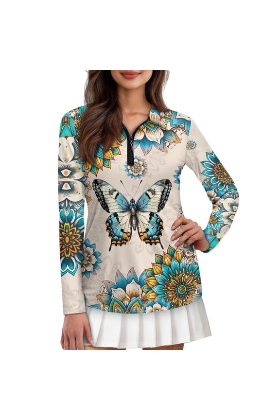 Mandala Butterfly Women's Long Sleeve Golf Shirt Versatile Fashion Hiking Running Workout Tops with Zipper Casual Outing Wear for Workout Sports