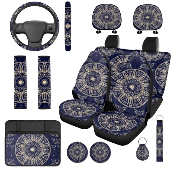 Uorisanigo Mandala Floral Auto Seat Cover Sets 14 Pcs with Comfortable Decorative Cars Headrest Cover Steering Wheel Cover Armrest Cover Car and Auto Seat Belt Cover Keychain Fit Car,Suv