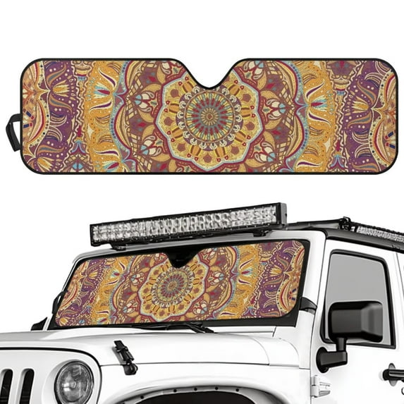 Uorisanigo Mandala Floral Windshield Sun Shade Compatible with Wrangler JK JKU TJ Foldable Windshield Sunshade Front Window Compatible with Jeep Wrangler UV Black Shades Sun Blocker Protection