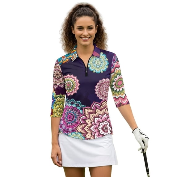 Uorisanigo Mandala Flower Women's 3/4 Sleeve Golf Top Size L Comfortable Polyester Spandex Fabric Athletic Polo Workout Tops Soft Relaxed Quick Dry Tennis Tops with Zipper Neck