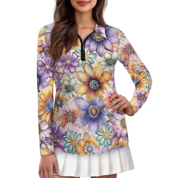 Uorisanigo Mandala Flower Women's Golf Shirt Size 2XL Casual Breathable Hiking Running Workout Tops Relaxed Long Sleeve Quarter Zip Pullover for Women