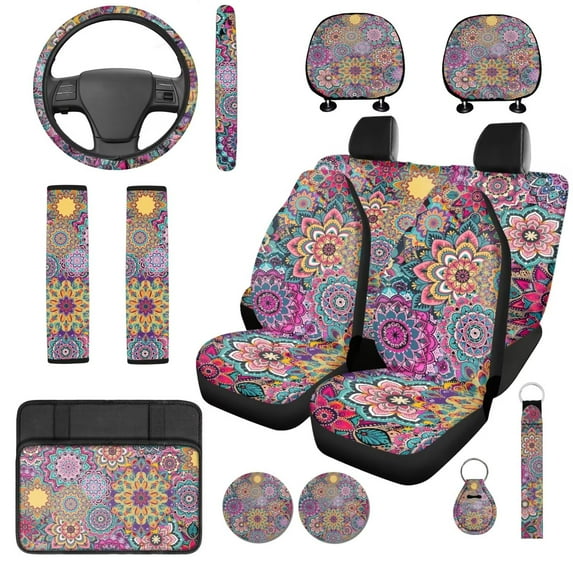 Uorisanigo Mandala Flowers 14 Pieces Automotive Seat Cover Car Headrest Cover and Steering Wheel Cover Armrest Cover and Car Auto Seat Belt Cover Comfortable Elastic Universal Fit Cars,SUVs
