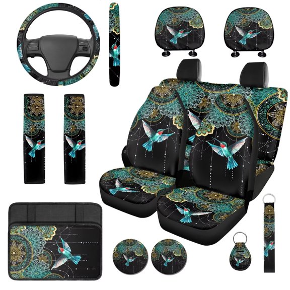 Uorisanigo Mandala Hummingbird 14 Pcs Car Seat Covers Full Set Steering Wheel Cover Auto Console Cover Cars Headrest Cover Auto Seat Belt Cover Keychain Elastic Easy Installation Fit Car SUV
