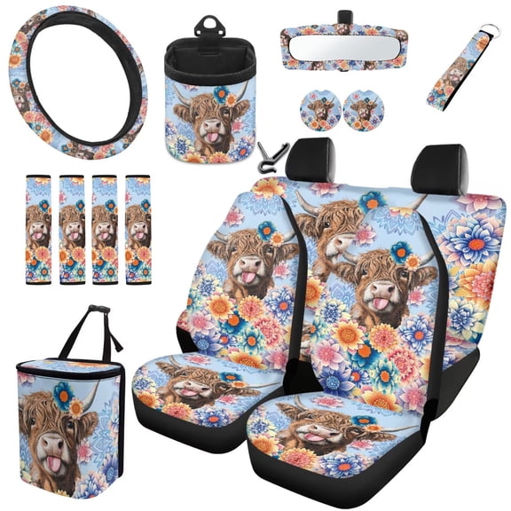 Uorisanigo Mandalas Highland Cow Car Seat Covers Set of 15, Seat Belt Strap Cover Steering Wheel Covers Trash Bin Air Vent Bag Rearview Mirror Cover Coaster Keychain Car Interior Accessories