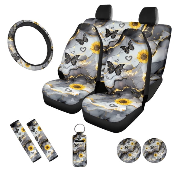 Uorisanigo Marble Print 10 Pieces Car Seat Covers with Comfortable Elastic Car Steering Wheel Cover and Auto Water Cup Pad Auto Seat Belt Cover and Chapstick Holder Fit for Most Cars SUVs