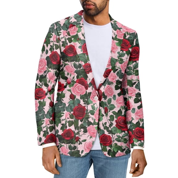Uorisanigo Mens Casual Blazers Regular Fit Long Sleeve Casual Jacket Blazer Lightweight Daily Blazer with Pockets Mens Valentines Jacket Suit, Valentines Rose Print, Size 2XL