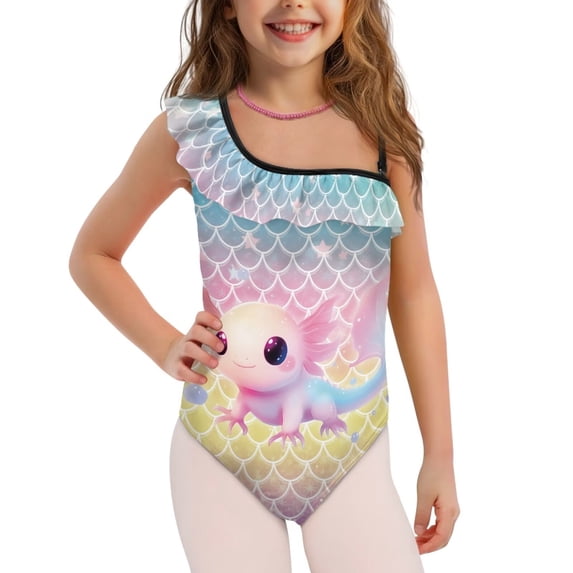 Uorisanigo Mermaid Cute Axolotl Kids Swimsuits for Girls One Piece Athletic Swimming Bathing Suit Adjustable Strap Beach Vacation Swimwear, Size 13-14