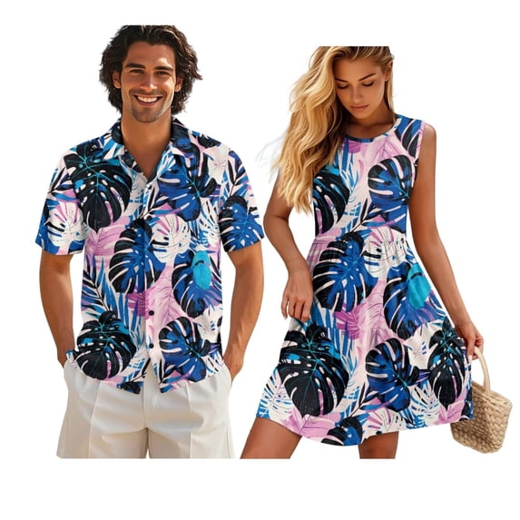 Uorisanigo Monstera Matching Outfits for Couples Men's Short Sleeve Shirt Fashion Summer Vacation Tops and Women's Tank Dress Casual Round Neck A-Line Hawaiian Beach Sundress