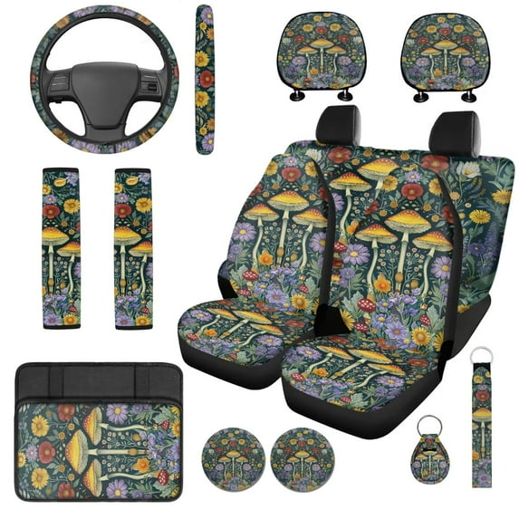 Uorisanigo Mushroom Flower 14 Pack Automobile Seat Cover Sets Soft Elastic Car Steering Wheel Cover and Cars Headrest Cover Center Console Cover and Seat Belt Pads Cars for Most Car SUV