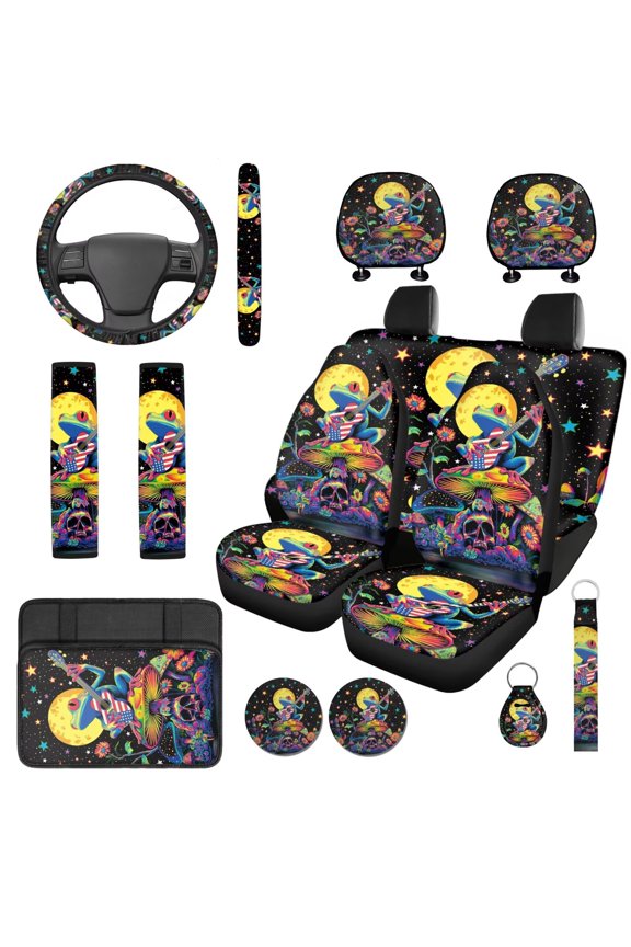 Mushroom Frog 14 Pieces Automotive Seat Cover Car Headrest Cover and Steering Wheel Cover Armrest Cover Car Auto Seat Belt Cover Water Cup Pad Comfortable Elastic Fit Cars,SUVs
