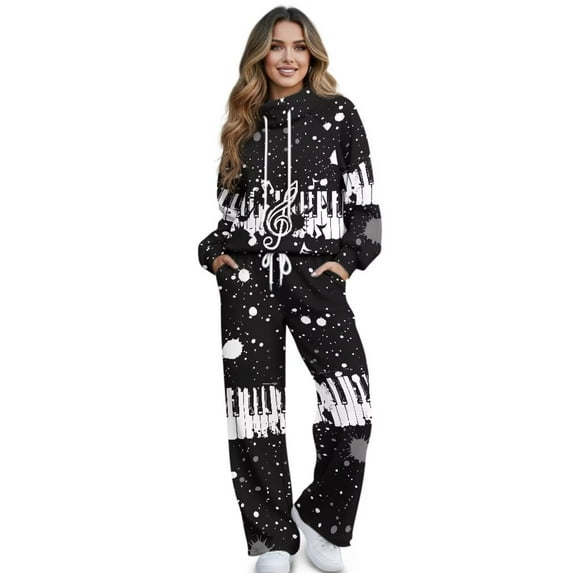 Uorisanigo Musical Notes 2 Piece Lounge Sweat Sets Plus Size Fall Fashion Matching Pullover Sweatsuits Wide Leg Pants with Side Pocket Travel Outfit Plus Size Tracksuit Activewear