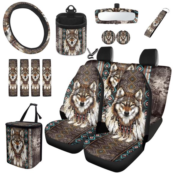 Uorisanigo National Wolf Car Seat Cover Set of 15pcs with Car Steering Wheel Wrap Seat Belt Strap Pads Hanging Garbage Bin Air Vent Bag Rearview Mirror Cover Coasters Key Chain for SUV Sedans