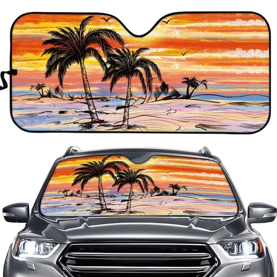 Uorisanigo Oil Painting Sunset Palm Tree Print Sun Shade for Car Windshield Portable Car Window Shades Sun Visor Protector UV Ray Reflector Interior Accessories for Most Sedan SUV Trucks
