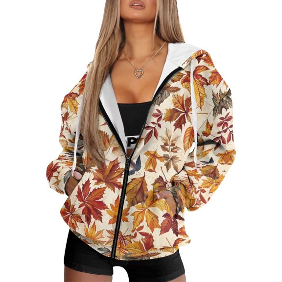 Uorisanigo Orange Maple Leaf Womens Full Zip Hoodie Polyester Oversized Womens Loose Zipper Sweatshirt Soft Casual Fall Fashion Winter Clothes Size 3XL