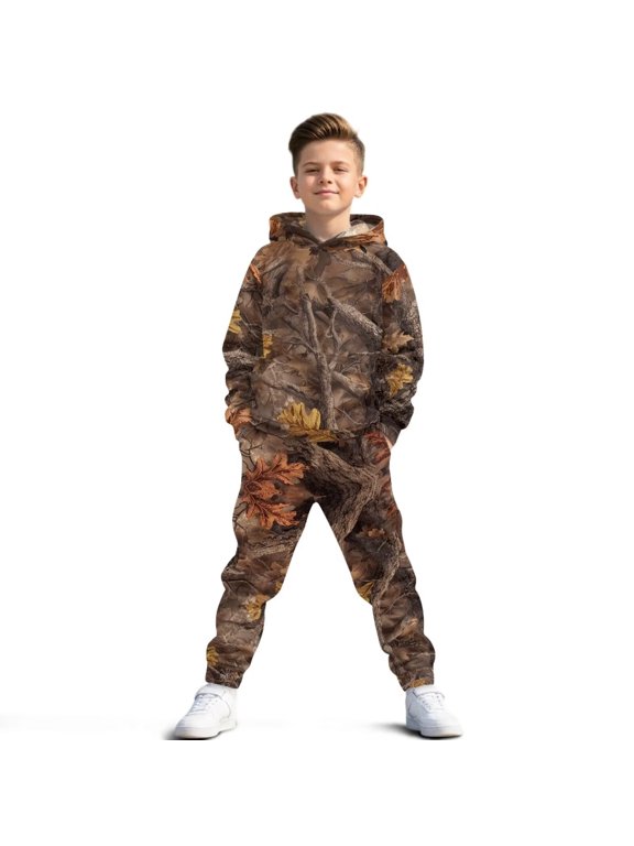 Oversized Camo Forest Pullover Hoodies Sweatshirt and Sweatpants Suit for Boys Girls, Winter Kids Clothes Graphic Printed Sweatsuit Lounge Matching Set