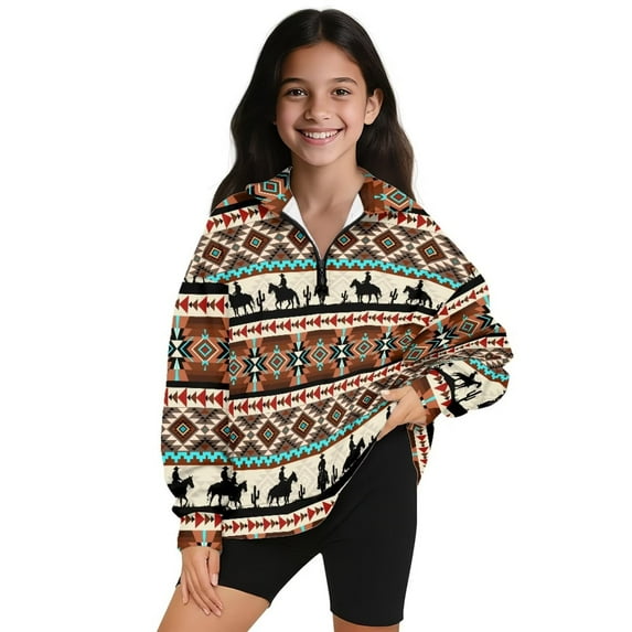 Uorisanigo Oversized Girls Half Zip Pullover Sweatshirt Kids Western Horse Tribal Aztec Long Sleeve Pullover Top for Sports and Daily Wear Fall Kids Jackets Hoodies Outerwear