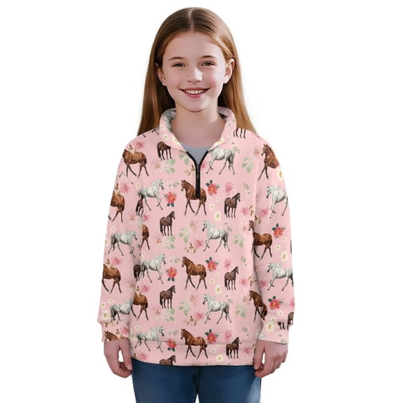 Uorisanigo Oversized Sweatshirts for Girls Floral Western Horse Pink Long Sleeve Zipper Sweatshirt Fall Spring Outfits Clothes Half Zip Mock Neck Pullover Jackets Casual Hoodies
