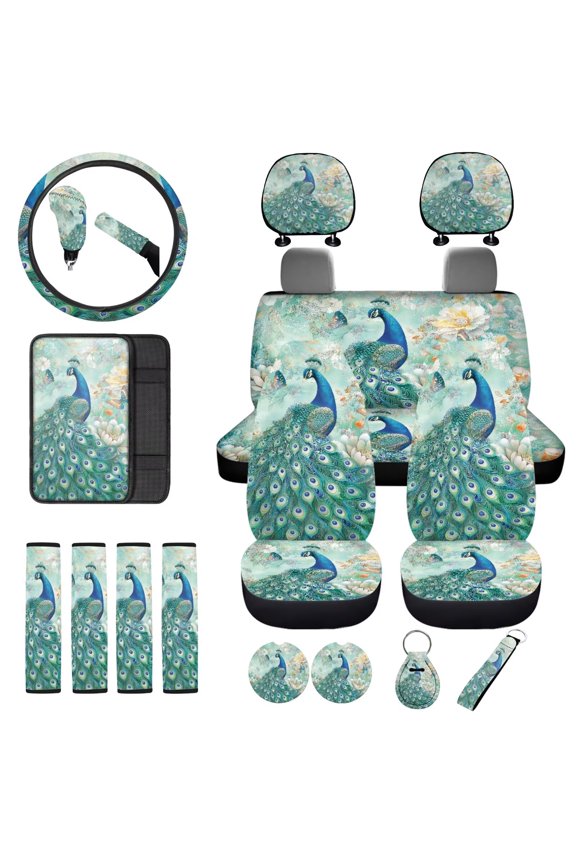 Paisley Peacock Car Seat Cover Protector Full Set 18 PCS with Seat Belt Cushion+Steering Cover+Center Console Pad+Headrest Covers+Shift Knob & Handbrake Covers+Car Coaster+Keychain