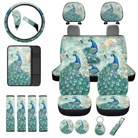 Uorisanigo Paisley Peacock Car Seat Cover Protector Full Set 18 PCS with Seat Belt Cushion+Steering Cover+Center Console Pad+Headrest Covers+Shift Knob & Handbrake Covers+Car Coaster+Keychain