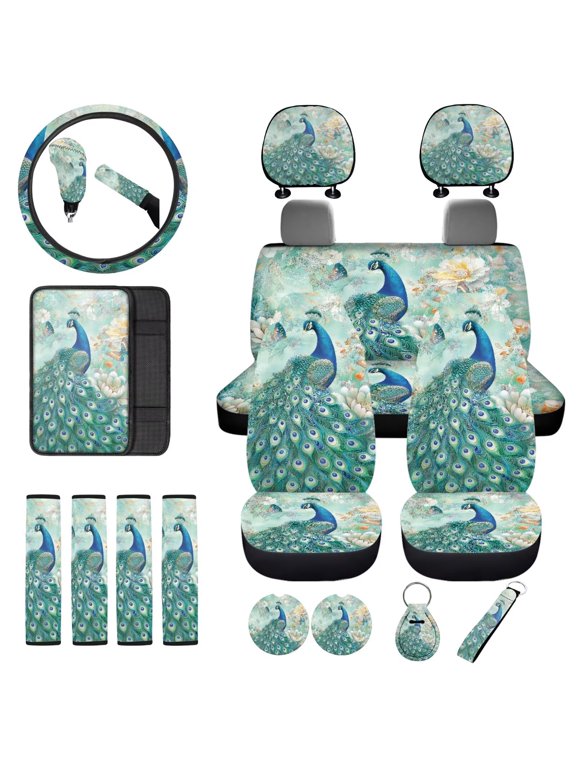 Paisley Peacock Car Seat Cover Protector Full Set 18 PCS with Seat Belt Cushion+Steering Cover+Center Console Pad+Headrest Covers+Shift Knob & Handbrake Covers+Car Coaster+Keychain