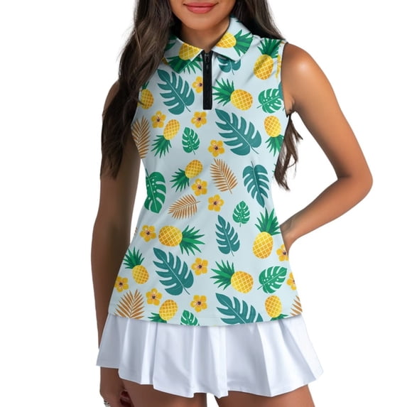 Uorisanigo Palm Leaf Women's Dry-Fit Golf Shirts with Zipper Size XS Casual Sleeveless Pineapple Hiking Running Workout Tops for Women Outing Wear