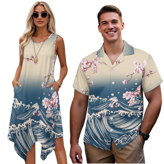 Uorisanigo Peach Blossom Waves Couple Matching Outfit Men's Button Up Shirt Hawaiian Tops Plus Size and Womens Sleeveless Dress with Pocket Fashion Summer Beach Sundress